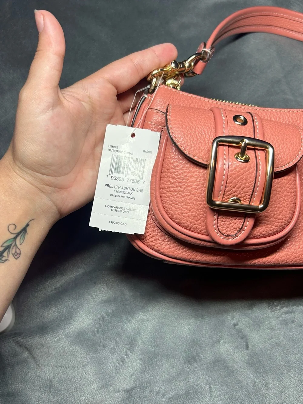 Coach Coral Pink Pebbled Leather Shoulder Bag with Front Buckle Pockets